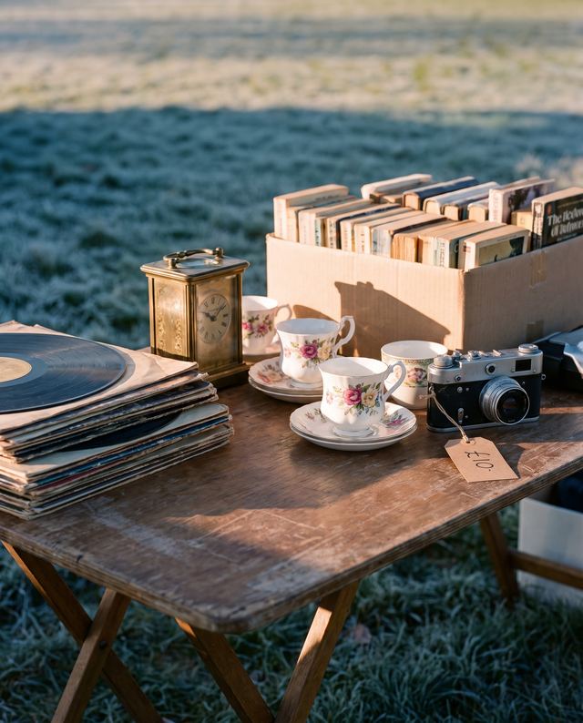 A folding table of vinyl records, a carriage clock and china teacups on a frosty morning
